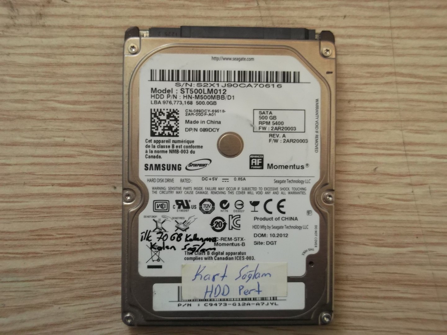 Arızalı Harddisk Samsung ST500LM012 HN-M500MBBD1 M8 REV.06 R00